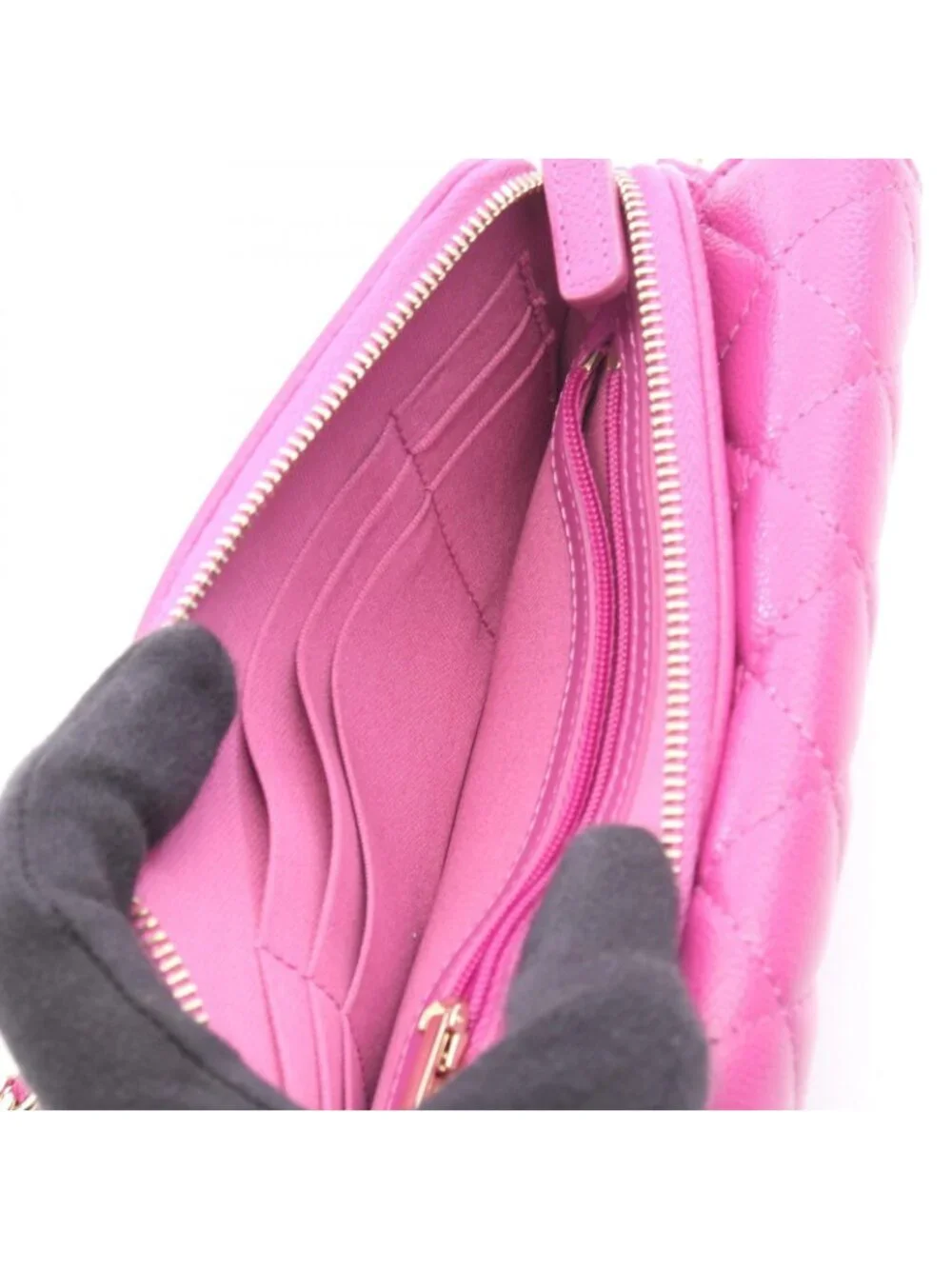 Chanel Shoulder Bag Quilted Chain Phone Case Wallet Pink Purple Caviar Leather